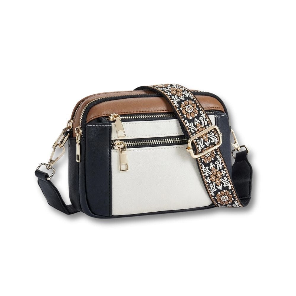Sac à Main Sacoche Femme | Flavia Noir Blanc / Cuir / Nylon